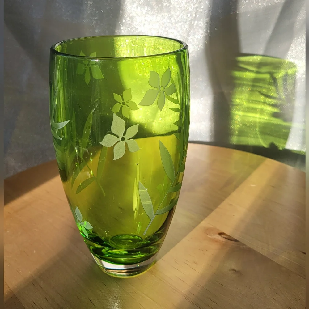Crate & Barrel Lime Green Etched Vases Glasses Tumblers Hand Blown